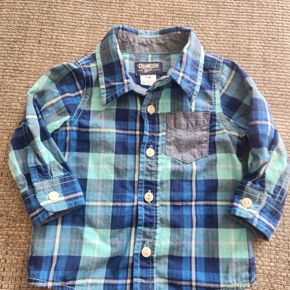 OshKosh Plaid Button-Up Shirt Long Sleeve Casual Top Blue Plaid 12 Months